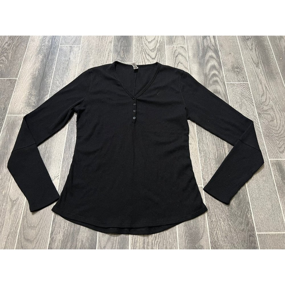ZYIA Active Henley Long Sleeve Top Black Womens Ribbed Thermal Textured XXL